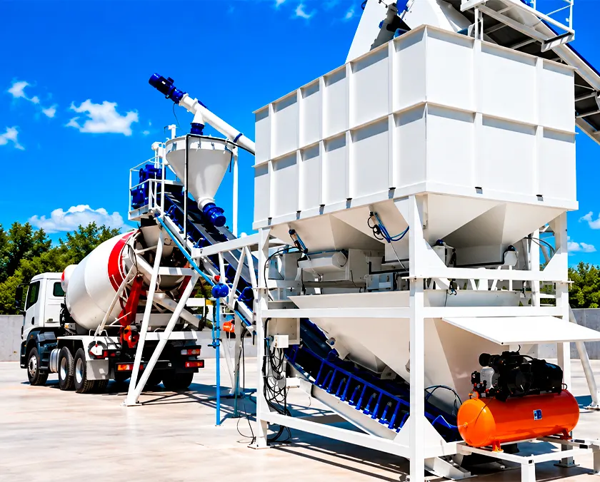 Camión mixer junto a una planta de elaboración de hormigón